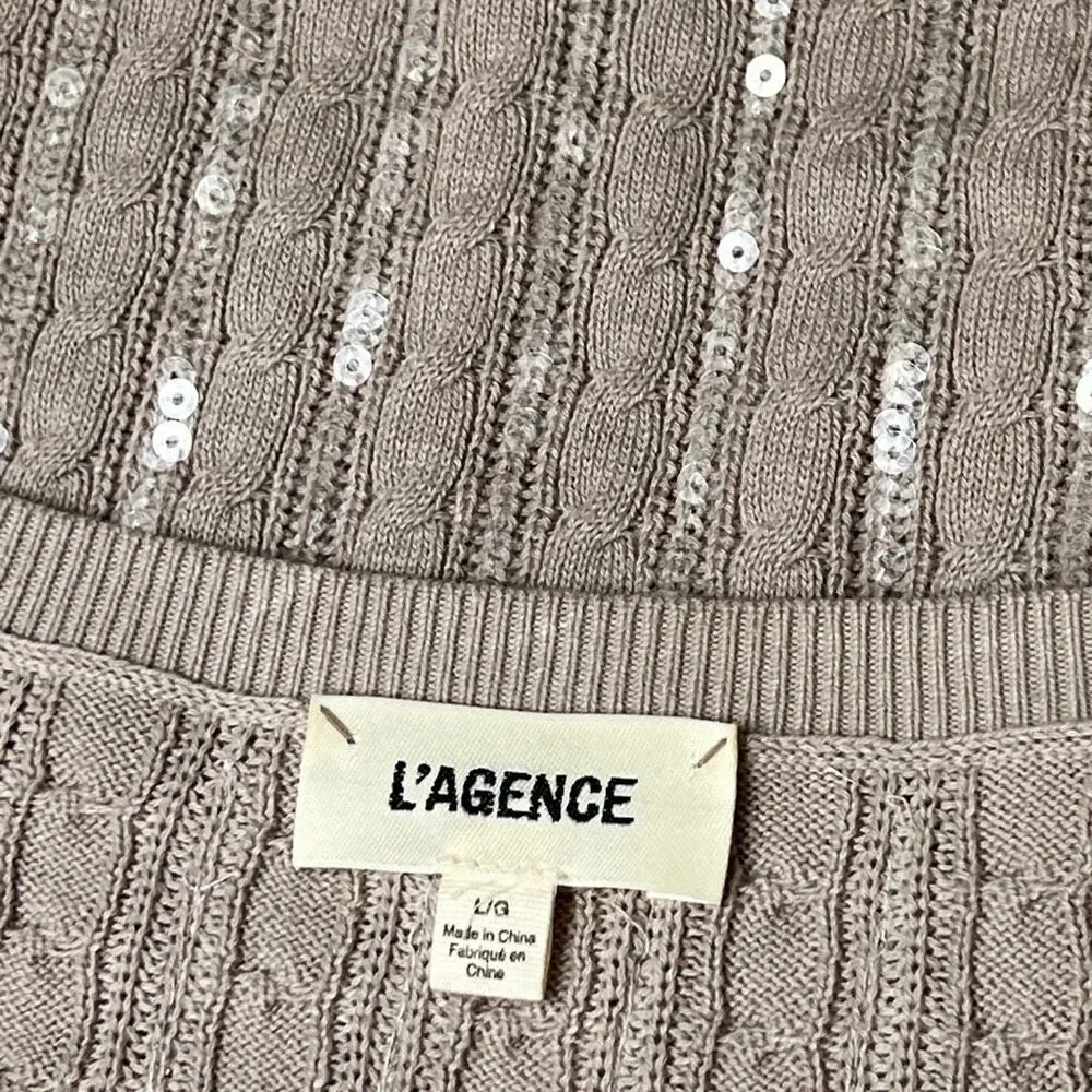 L'Agence Women's Cable Knit Sequin Long Sleeve Pullover Sweater Beige Size Large